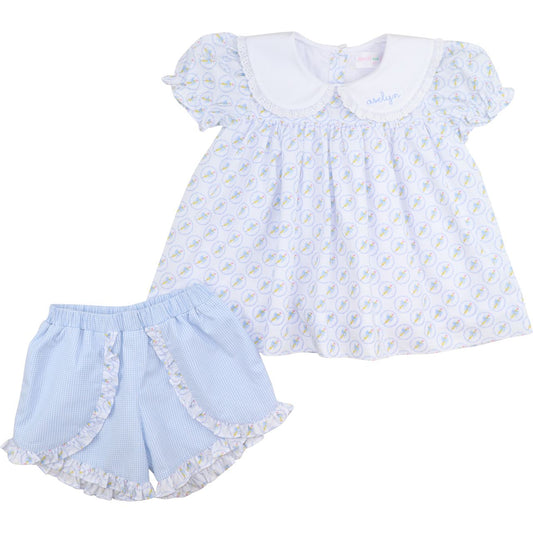 Blue Pencil And Bow Short Set
