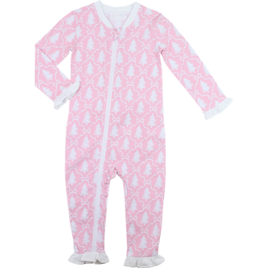 Pink And White Knit Christmas Tree Zipper Pajamas