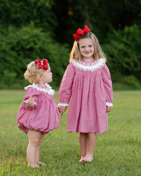 Red Gingham Smocked Ruffle Collar Bubble
