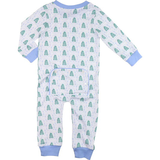 Blue And Green Christmas Tree Print Knit Zipper Pajamas - Shipping Early November Smocked Threads