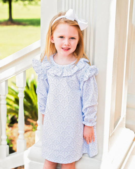 Blue And White Floral Smocked Rosette Dress Smocked Threads