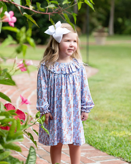 Blue Floral Print Knit Dress Smocked Threads