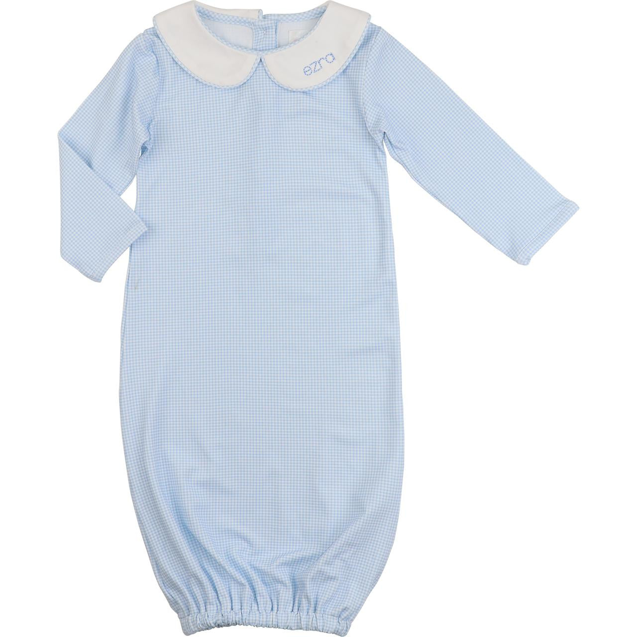 Blue Gingham Knit Baby Gown Monogram