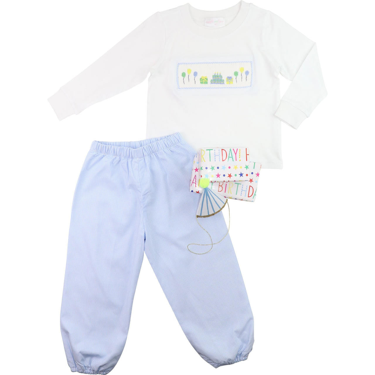 Blue Gingham Smocked Birthday Pant Set Smocked Threads