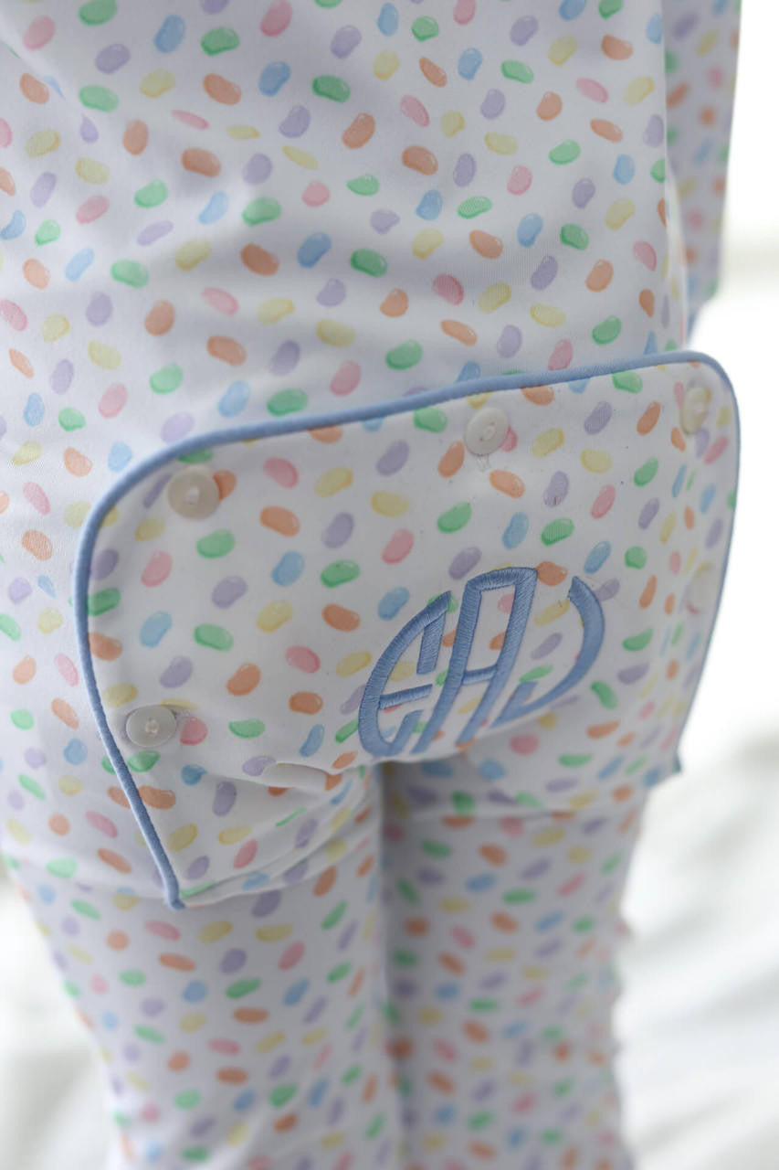 Blue Knit Jelly Bean Zipper Pajamas - Shipping Mid March Monogram
