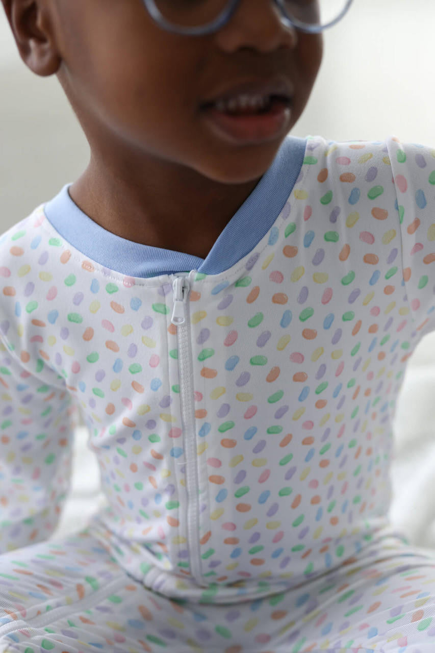 Blue Knit Jelly Bean Zipper Pajamas - Shipping Mid March Monogram