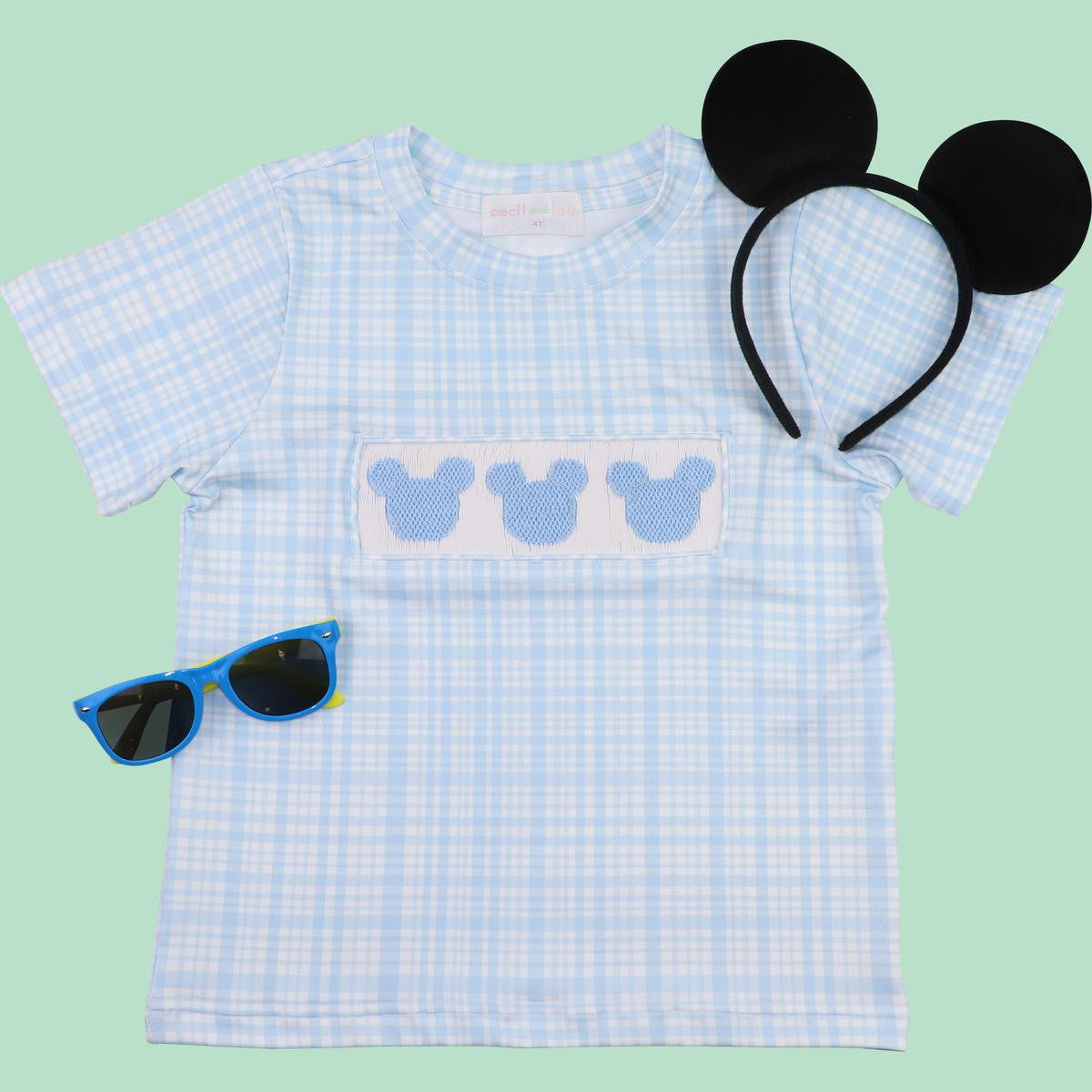 Blue Knit Plaid Smocked Mouse Ears Shirt Smocked Threads