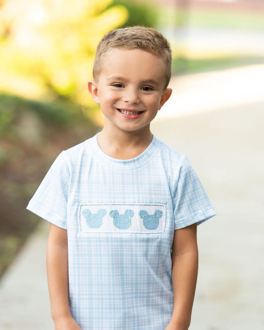 Blue Knit Plaid Smocked Mouse Ears Shirt Smocked Threads