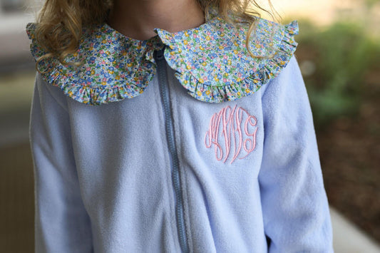 Blue Petite Floral Fleece Jacket - Shipping Late September Monogram - Cecil and Lou