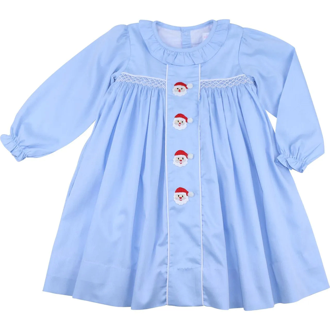 Blue Smocked Embroidered Santa Dress
