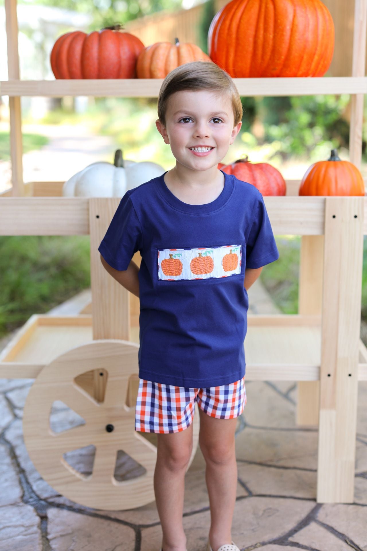 boy navy and orange pumpkin smocked shorts set