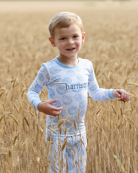 boy wearing a light blue 'harrison' pajama set standing in a wheat field
