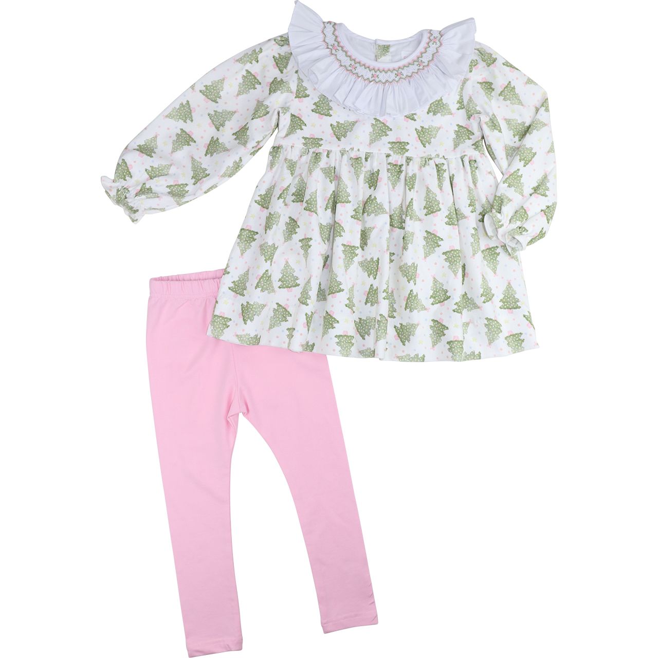 Pink And Green Smocked Christmas Tree Legging Set