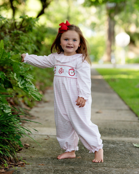 Pink Knit Striped Applique Santa Long Bubble