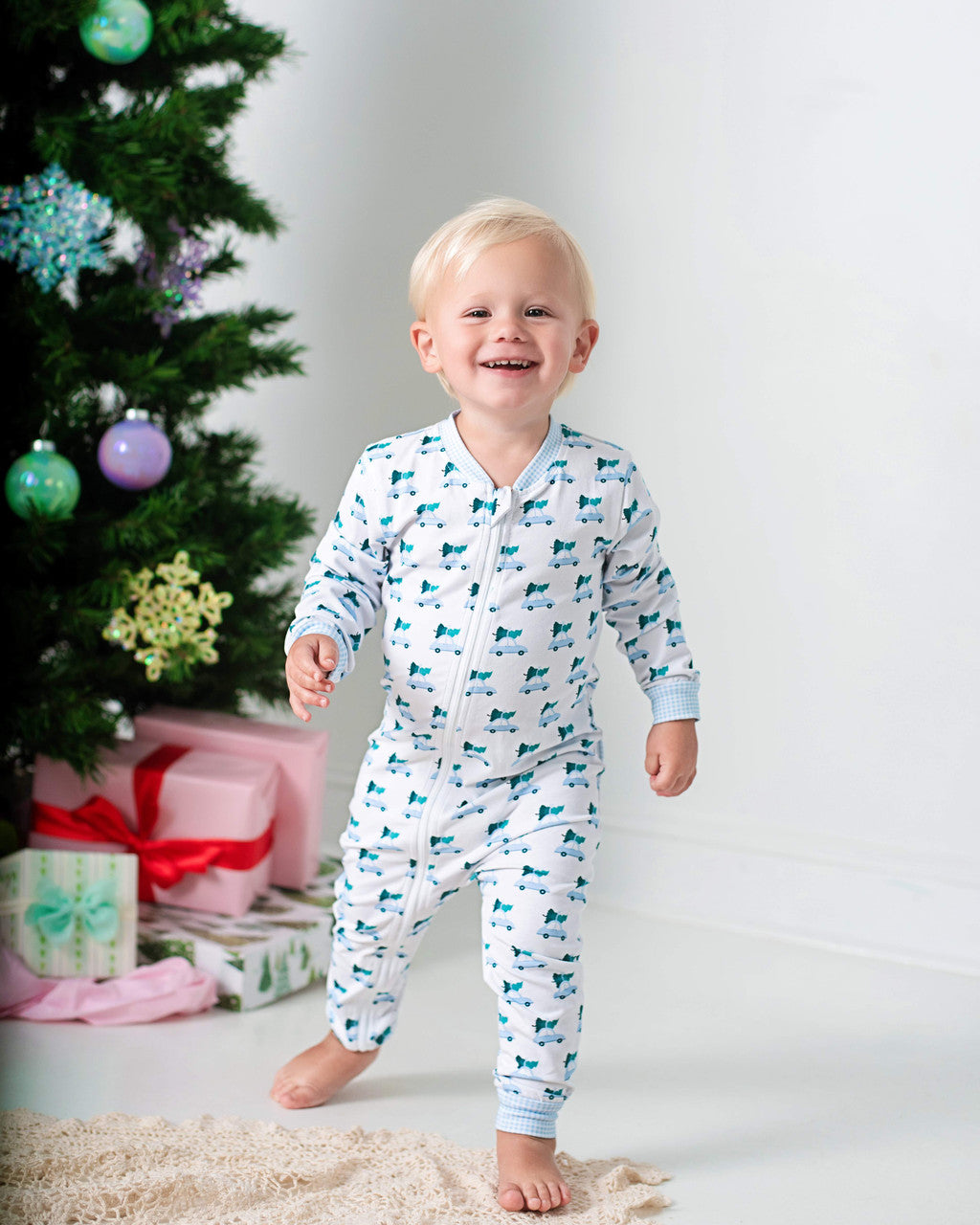 Blue Knit Christmas Car Print Zipper Pajamas