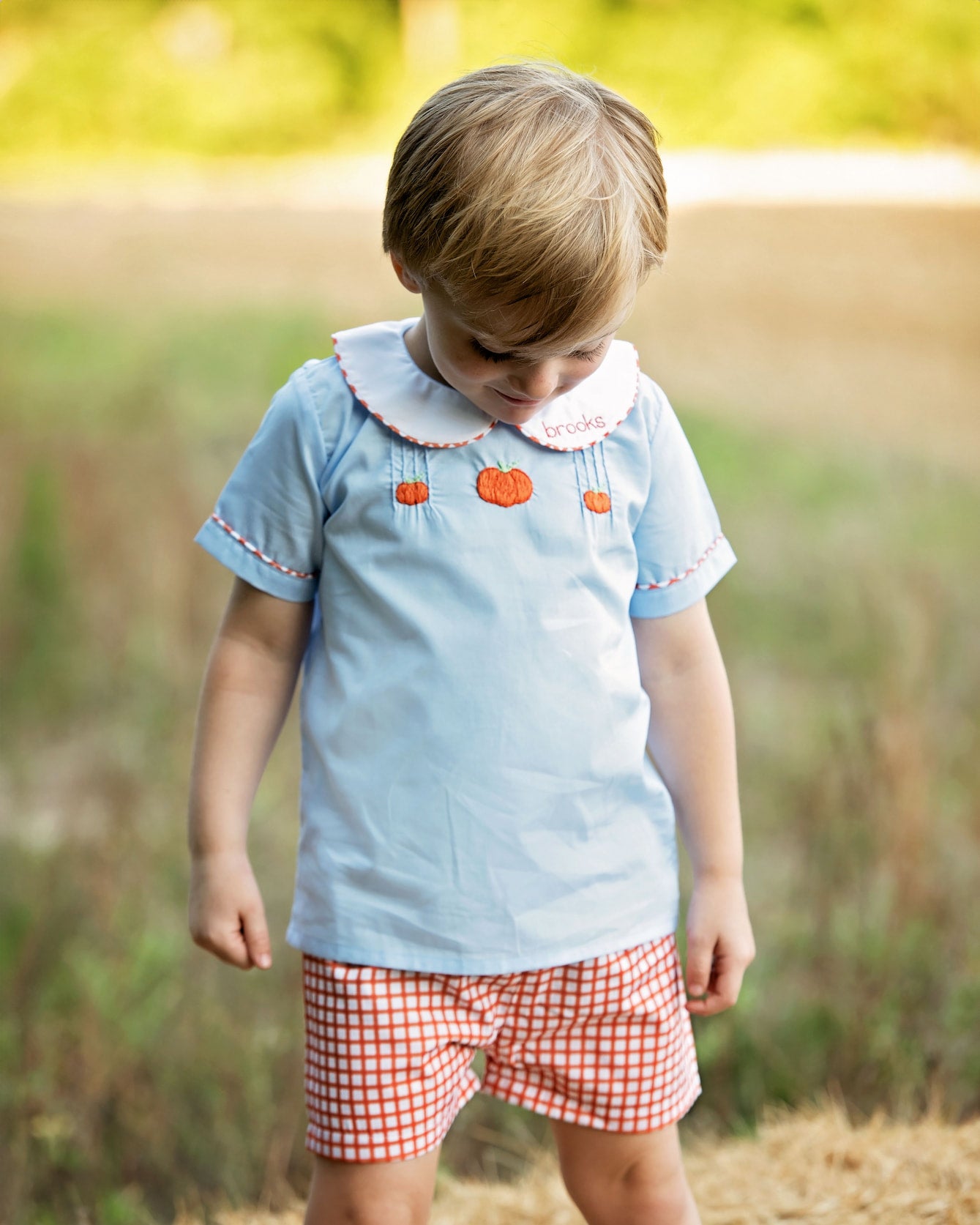 child-wearing-a-light-blue-shirt-with-pumpkin-designs-and-red-checkered-shorts-outdoors