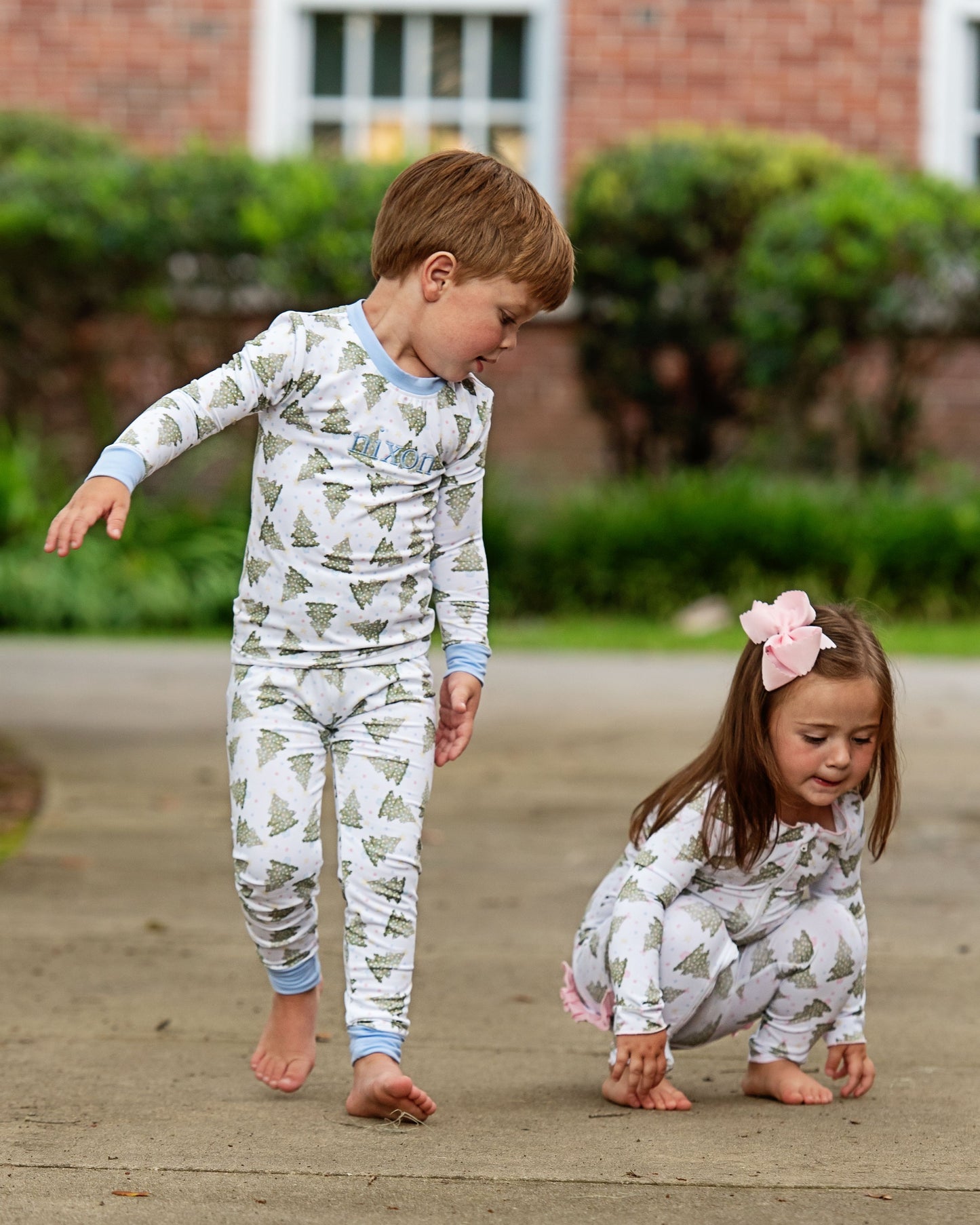 Blue Knit Christmas Tree Print Pajamas