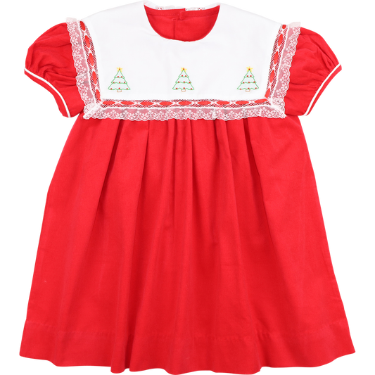 Red Corduroy Heirloom Embroidered Christmas Tree Dress