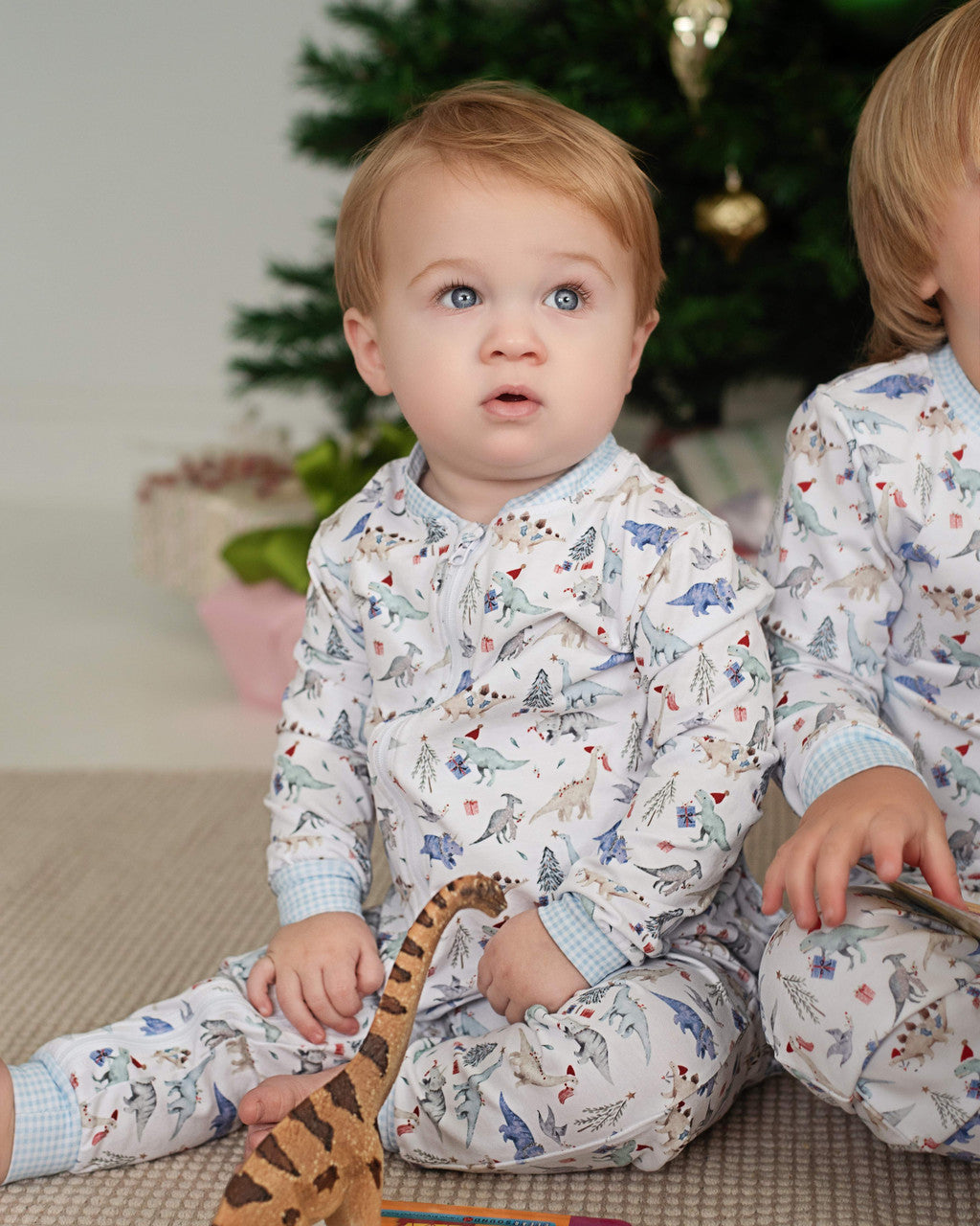 Blue Knit Holiday Dinosaur Zipper Pajamas