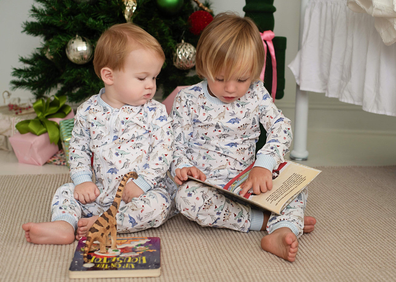 Blue Knit Holiday Dinosaur Zipper Pajamas