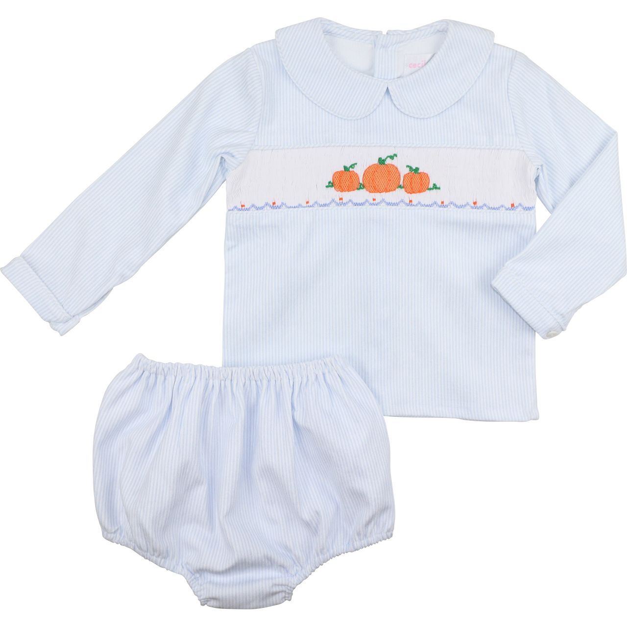 Blue Striped Corduroy Smocked Pumpkin Diaper Set