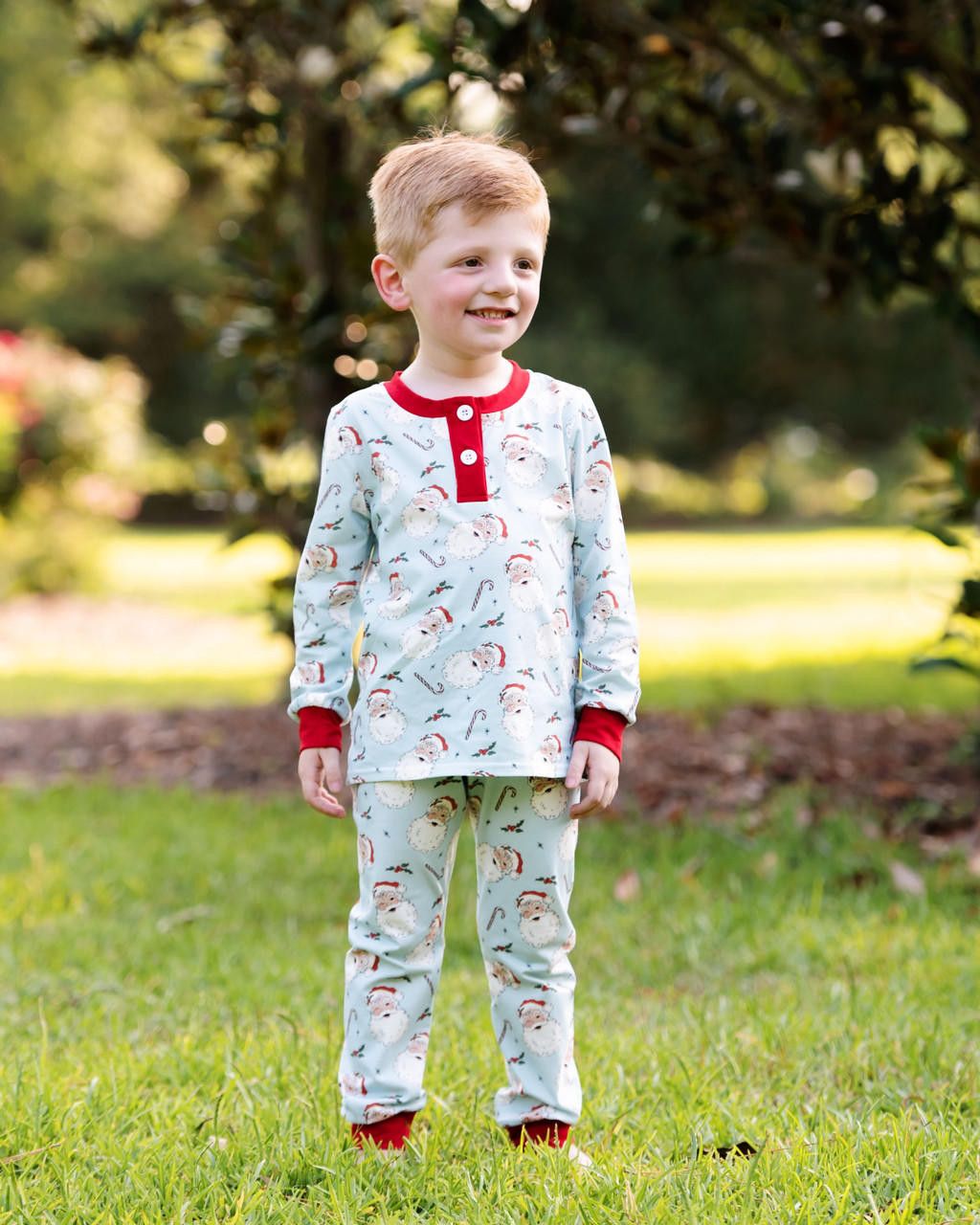 Blue Knit Vintage Santa And Candy Cane Pajamas