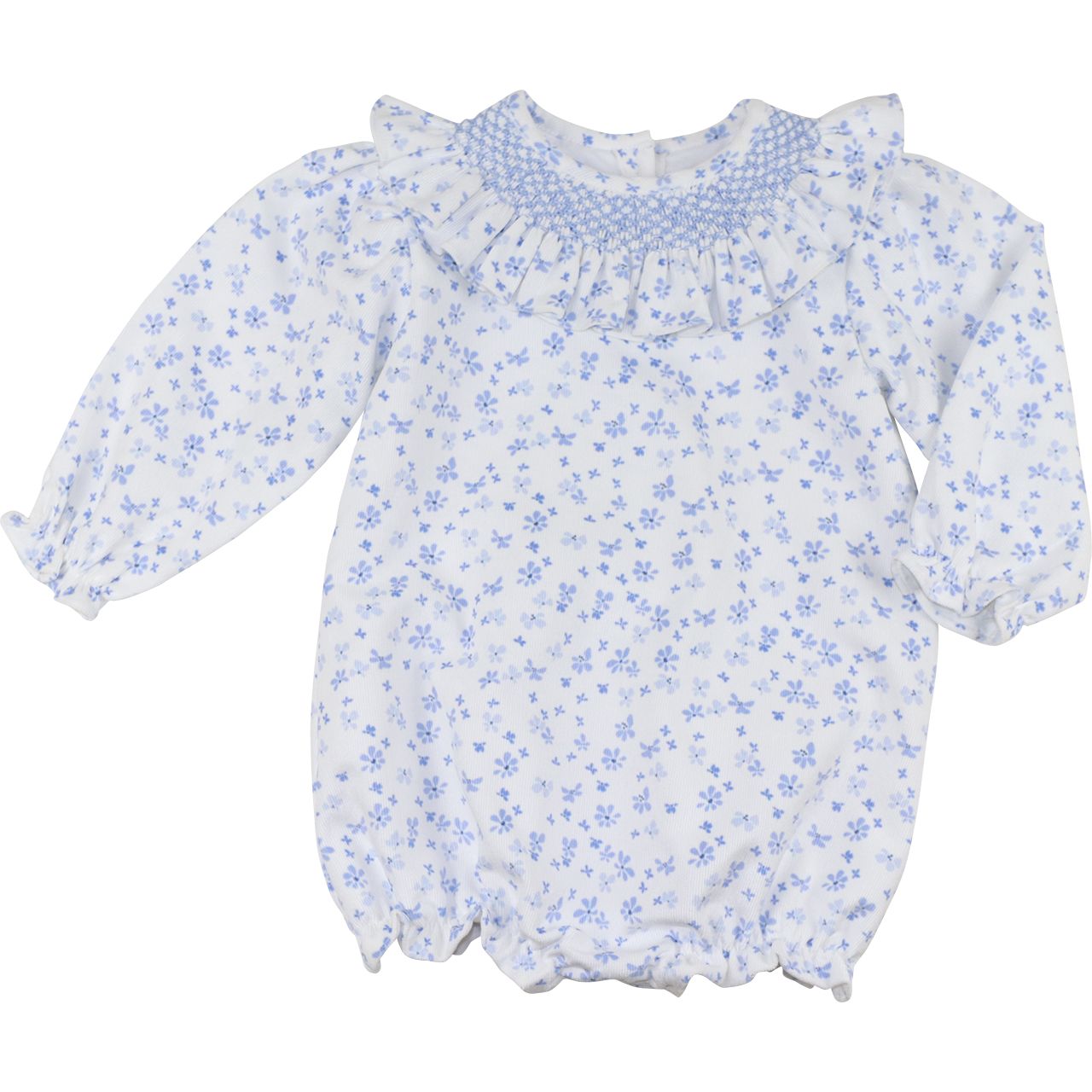 Blue Floral Corduroy Geometric Smocked Bubble