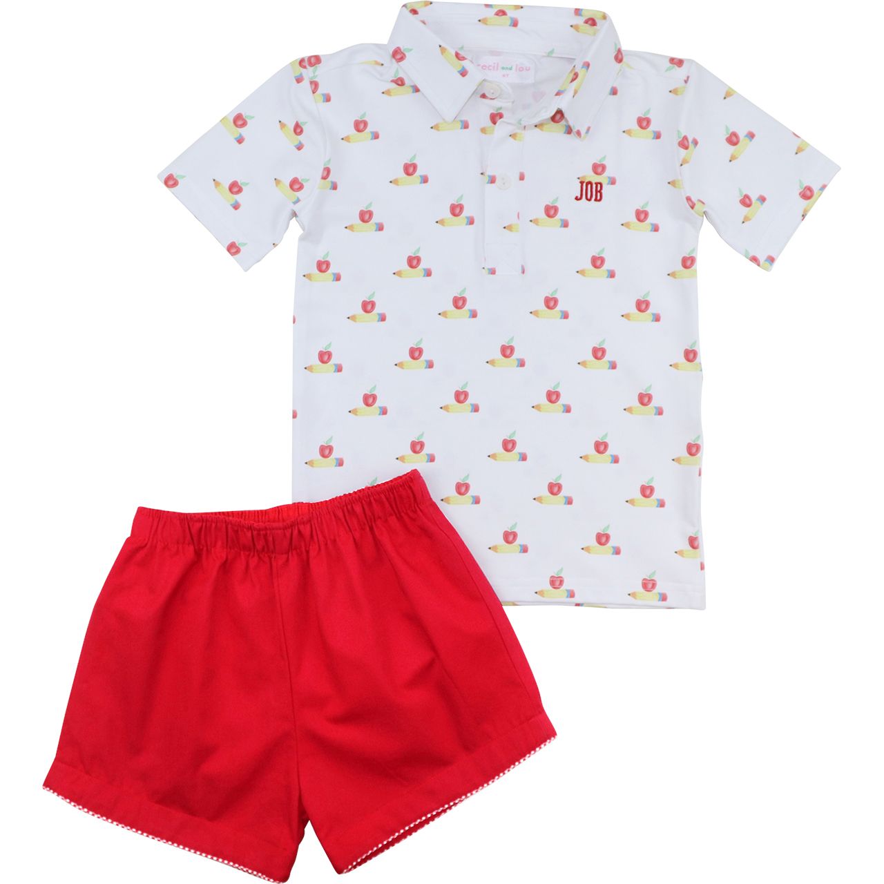 Red Apple And Pencil Polo Short Set