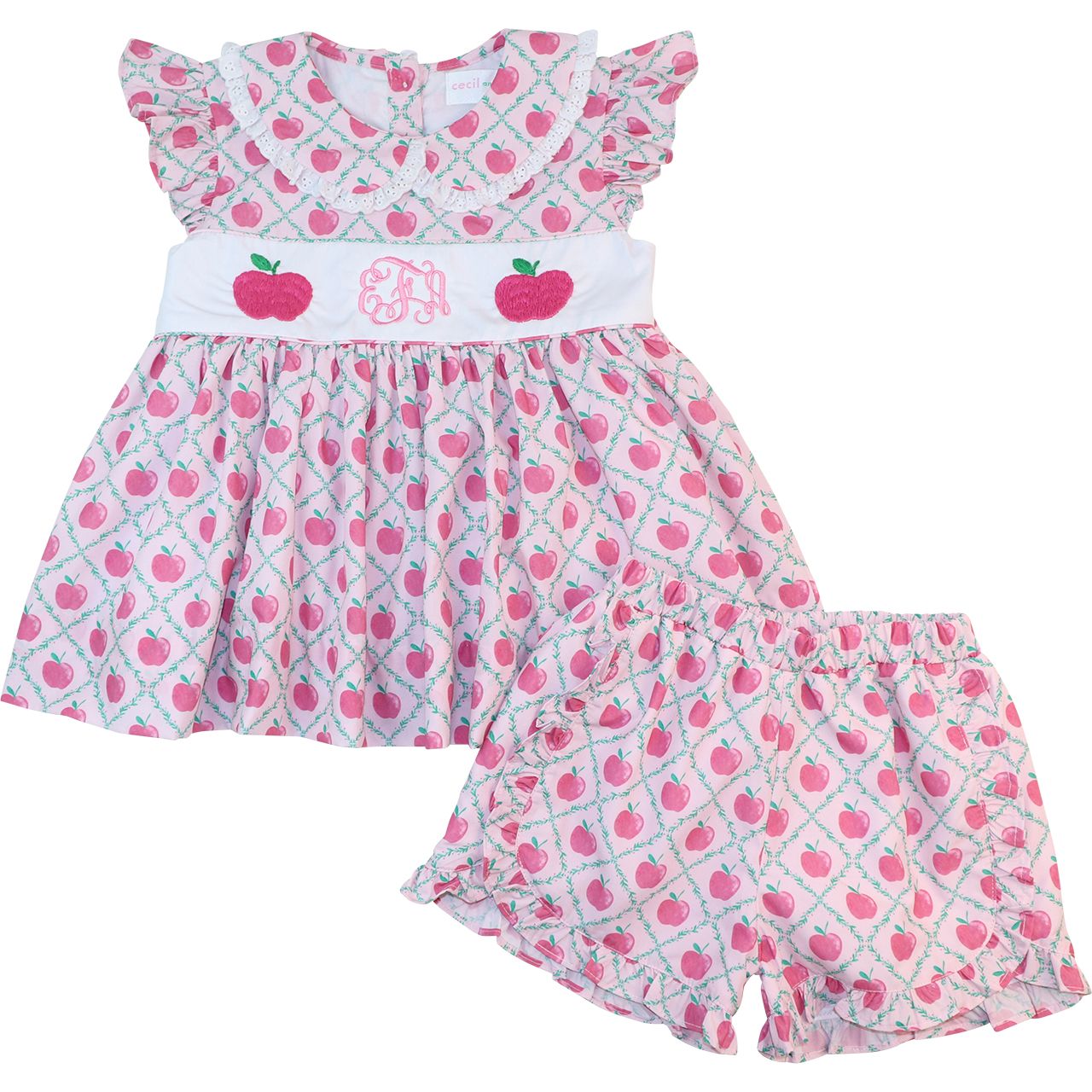 Pink And Green Embroidered Apples Short Set