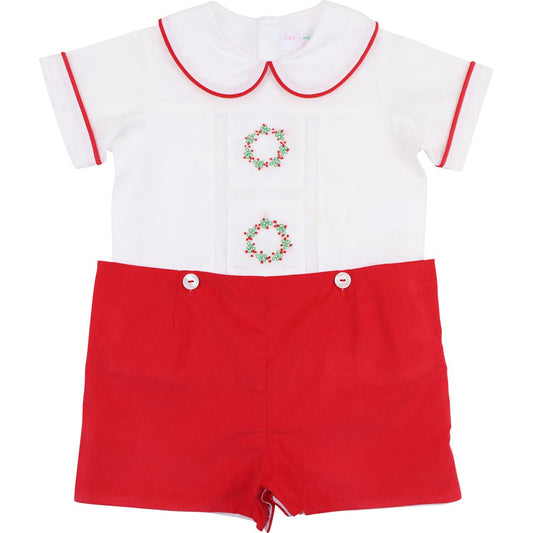 Red Corduroy Embroidered Wreath Heirloom Button On