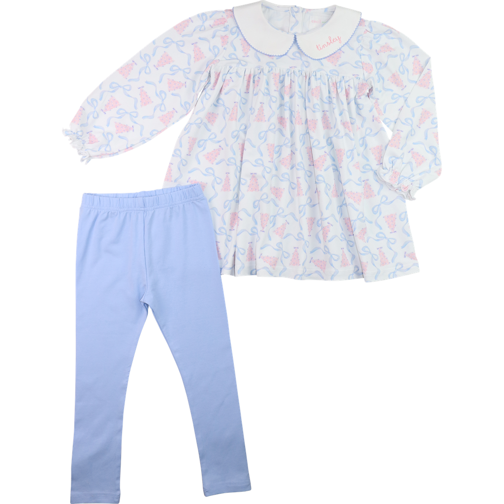 Blue And Pink Knit Christmas Tree And Bow Legging Set