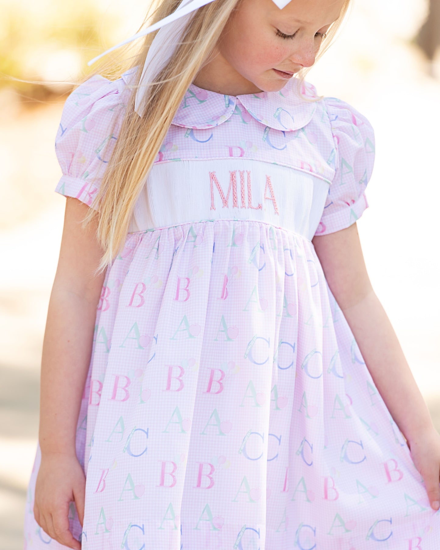Pink Custom Smocked Alphabet Dress