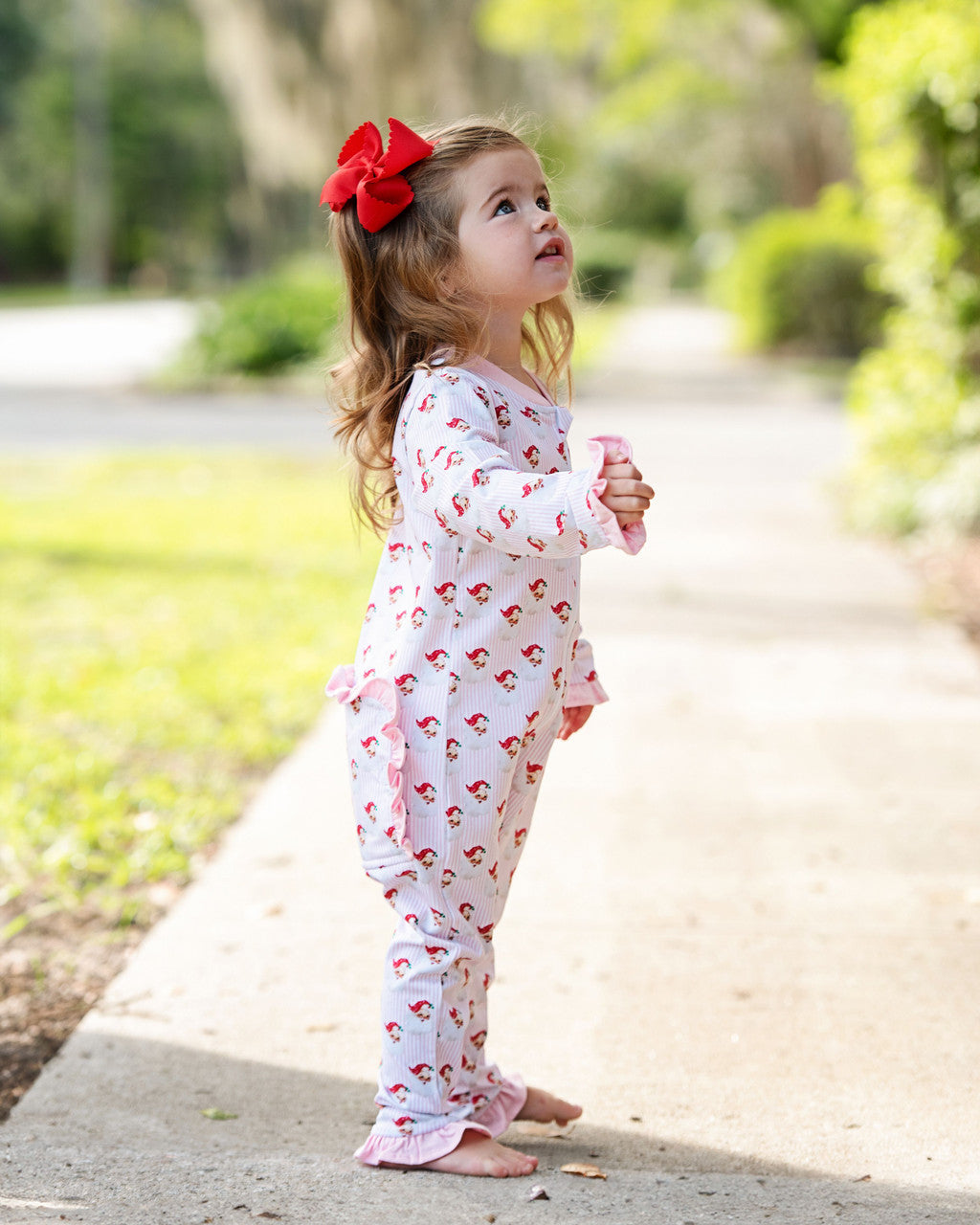 Pink And Red Gingham Knit Santa Face Zipper Pajamas