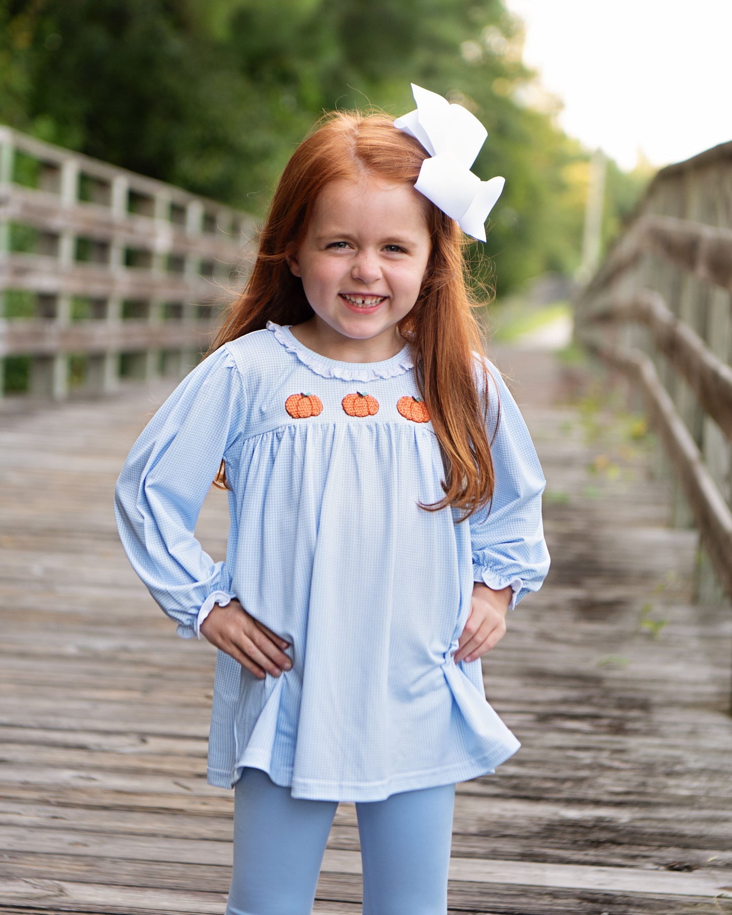 girl in blue gingham 3 pumpkin legging set