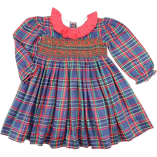 Navy And Red Plaid Smocked Dress