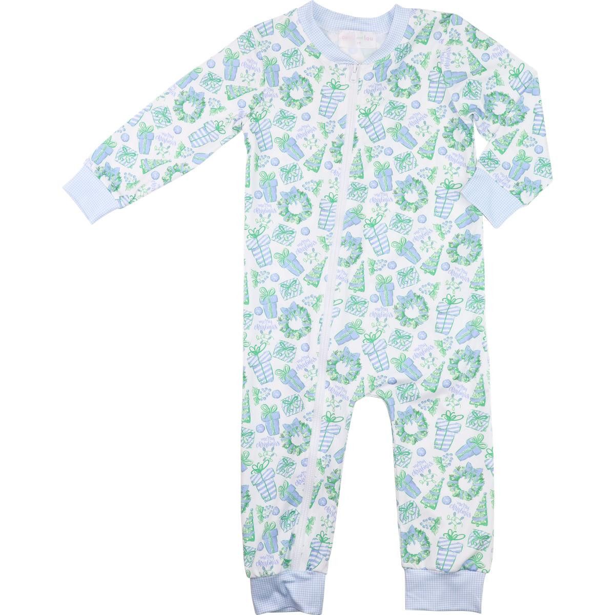 Blue And Green Knit Merry Christmas Zipper Pajamas