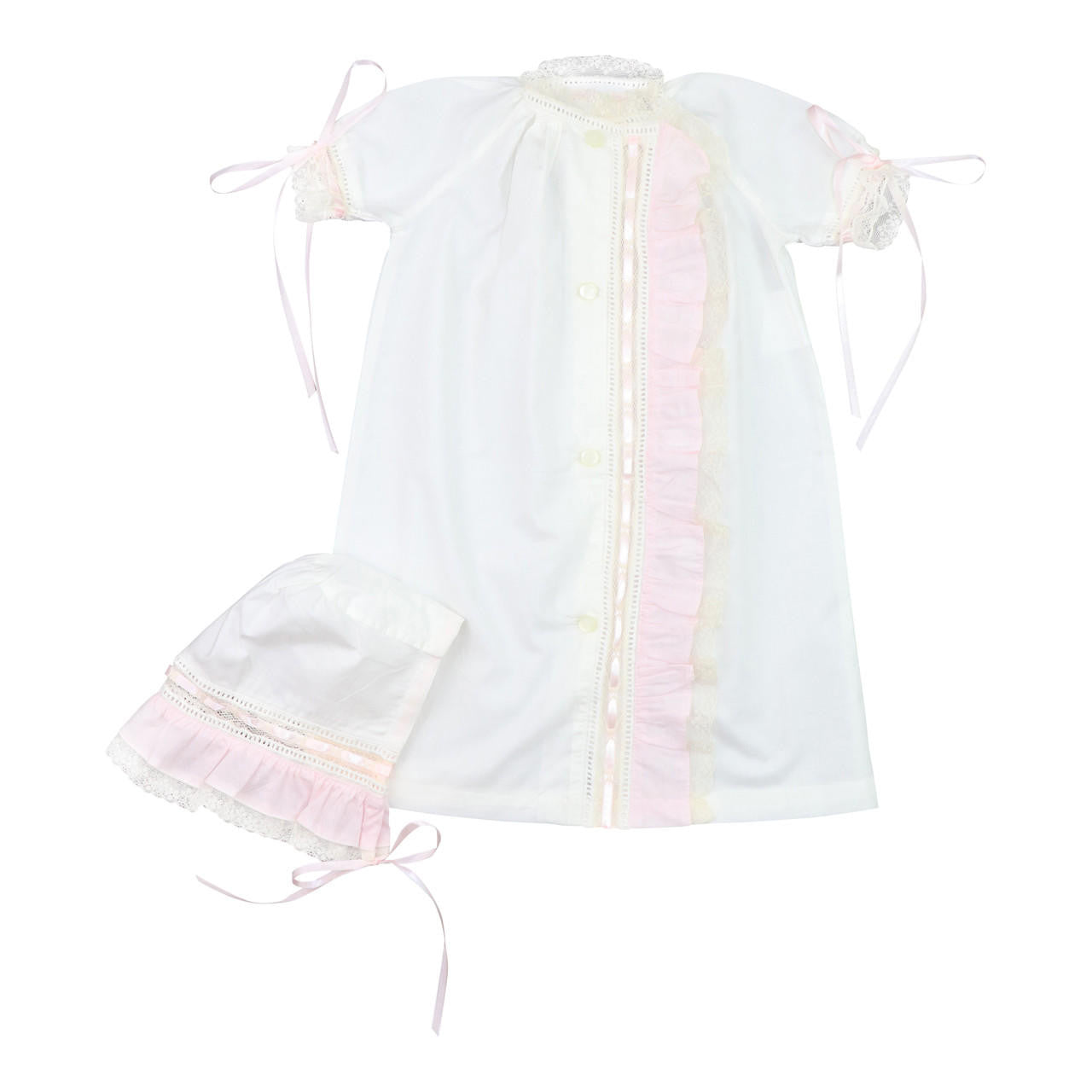 Ivory And Pink Lace Baby Gown And Bonnet Smocked Threads