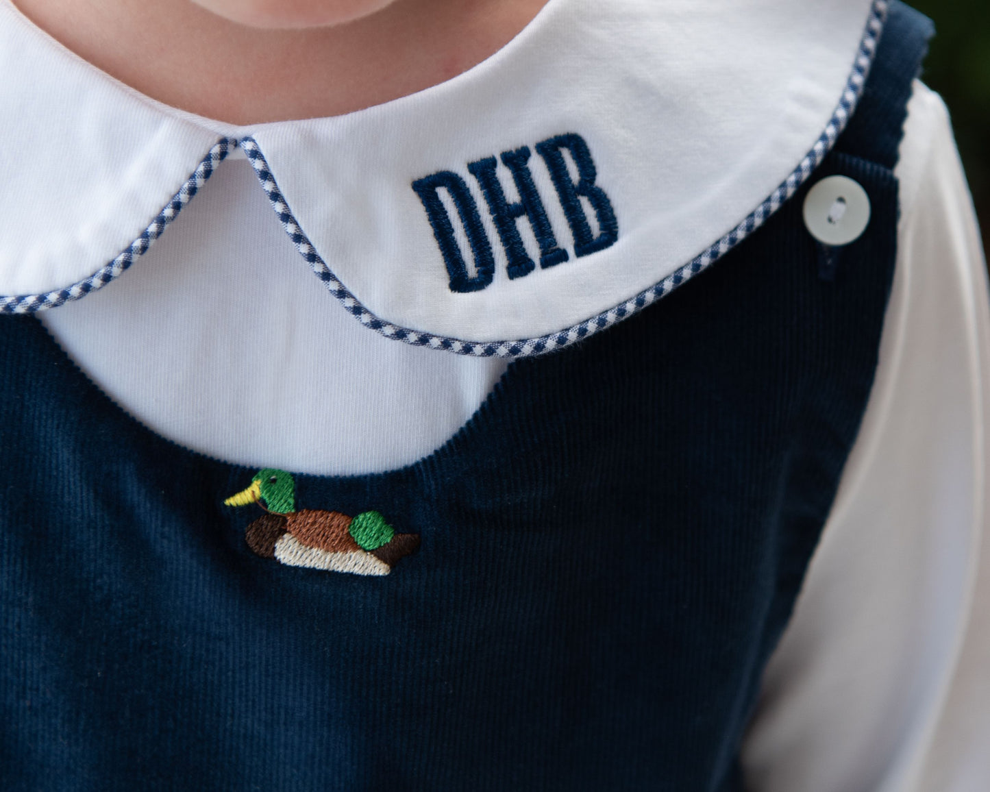 Navy Corduroy Embroidered Mallards Long Romper Set