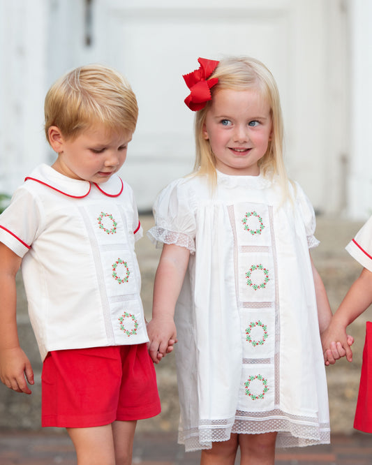 Red Corduroy Embroidered Wreath Heirloom Short Set