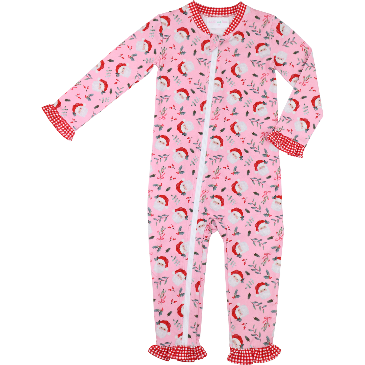 Pink Knit Santa And Holly Zipper Pajamas