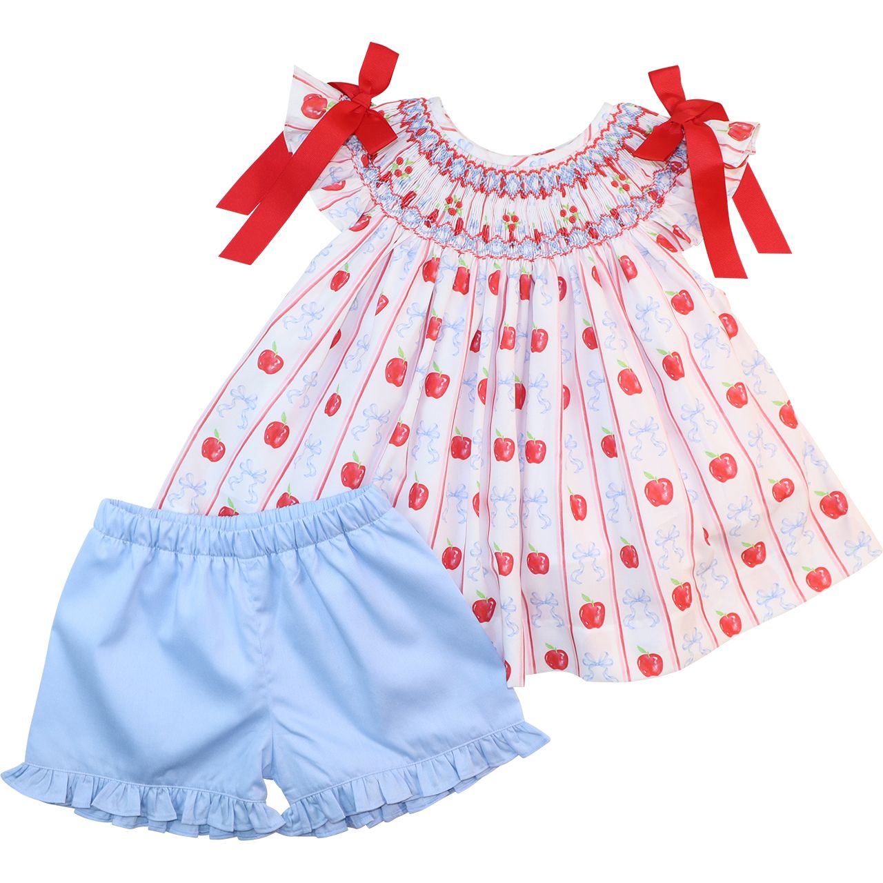 Red And Blue Smocked Apples And Bows Short Set
