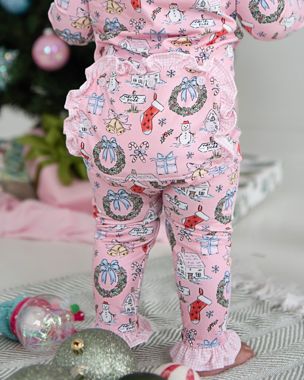Pink Knit Christmas Print Zipper Pajamas