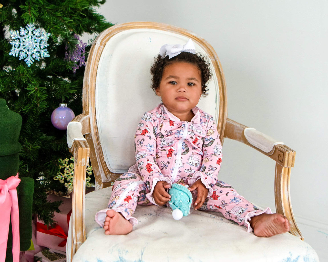 Pink Knit Christmas Print Zipper Pajamas