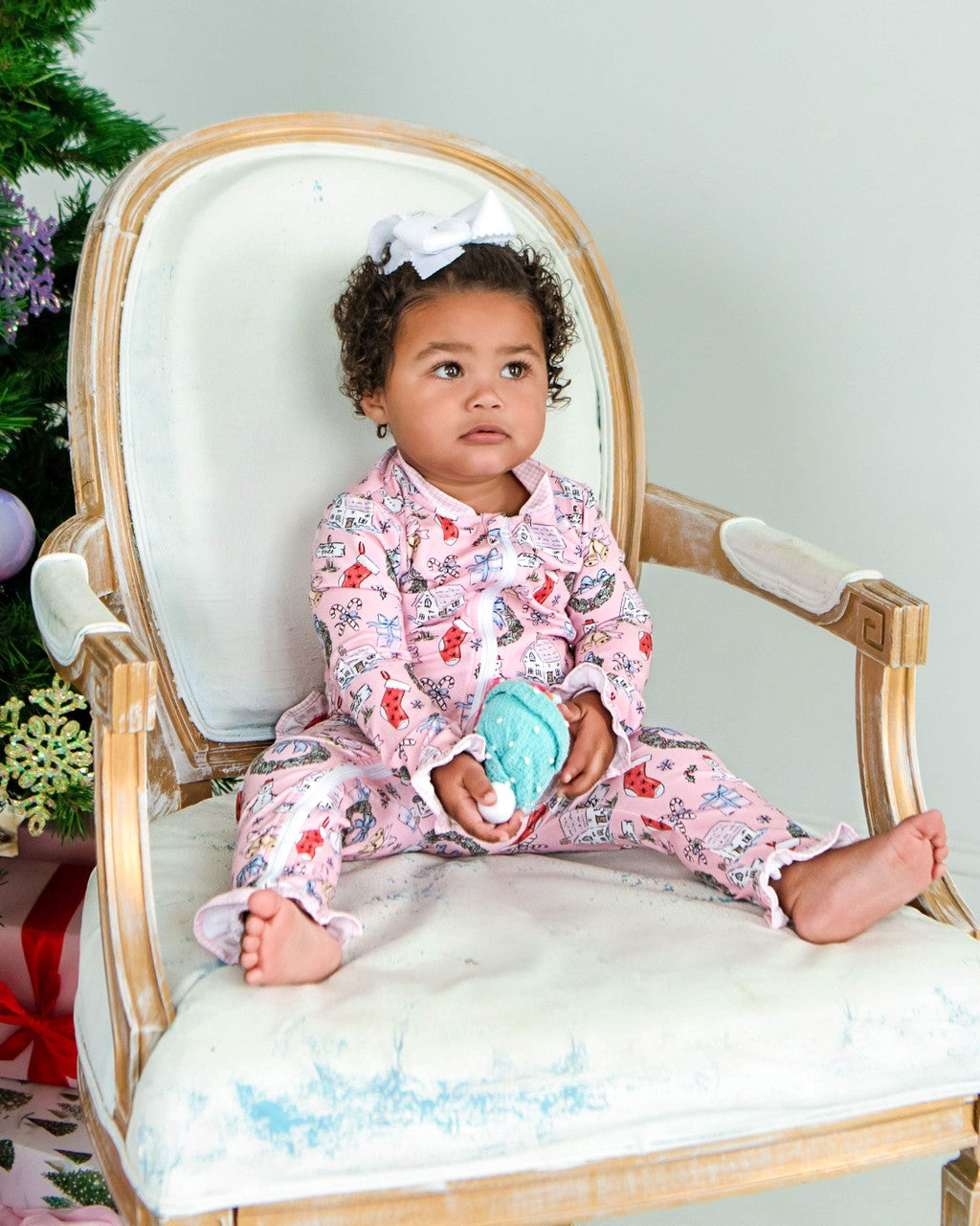 Pink Knit Christmas Print Zipper Pajamas