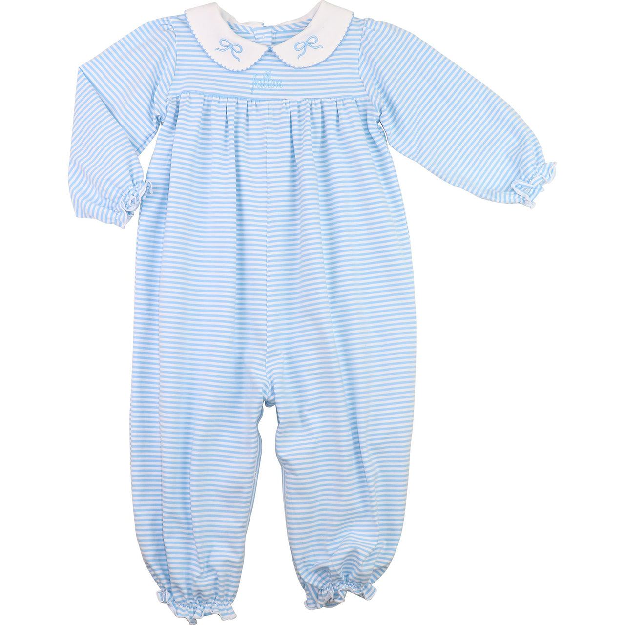 Blue Striped Knit Embroidered Bow Long Bubble