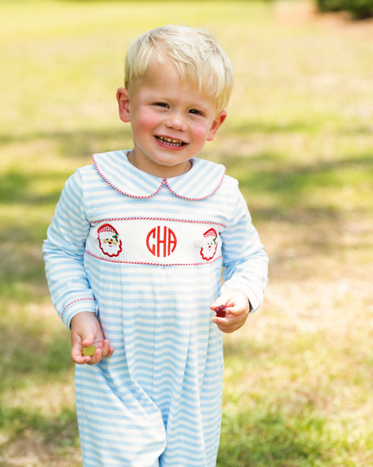Blue Knit Striped Applique Santa Long Romper