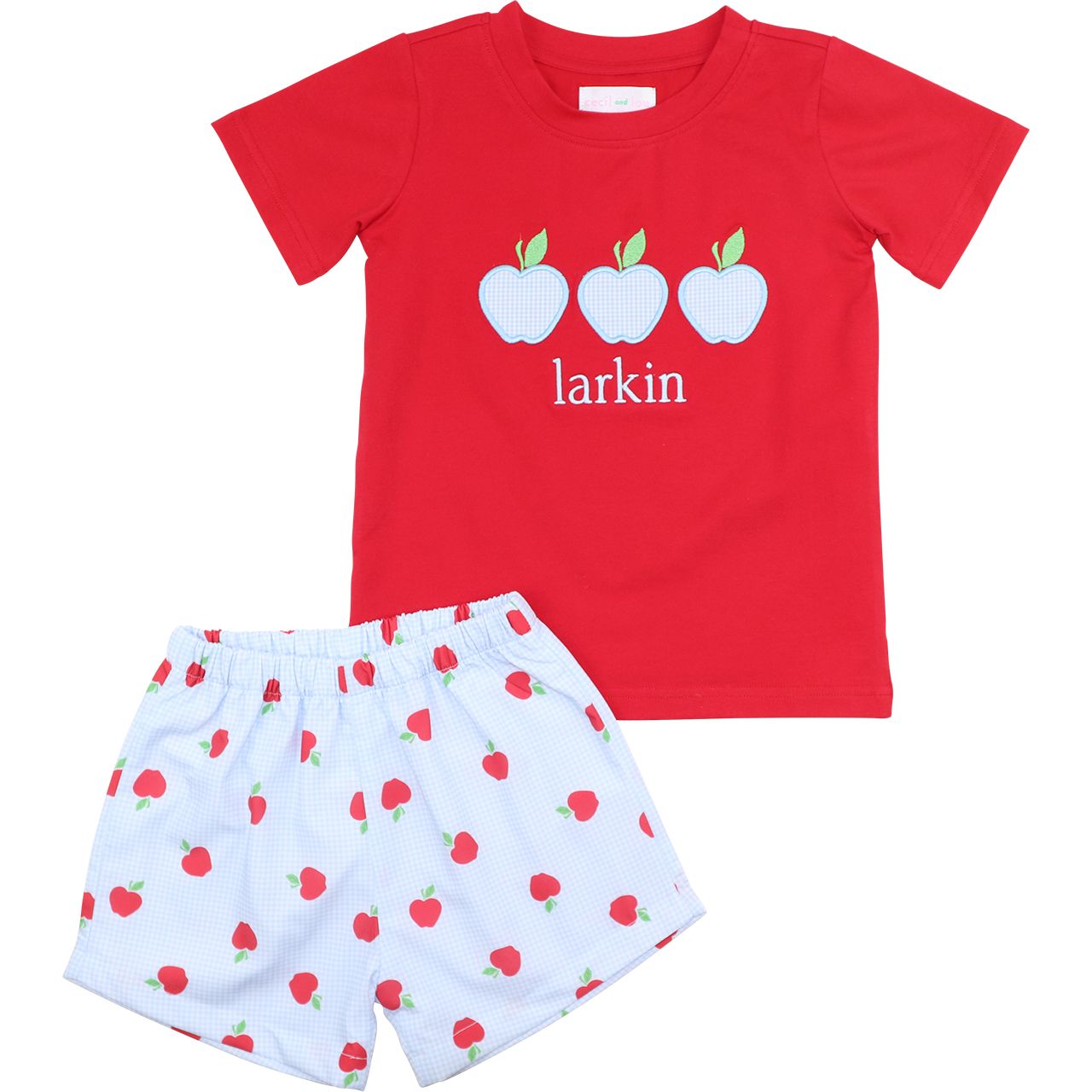 Blue Gingham Applique Apple Short Set