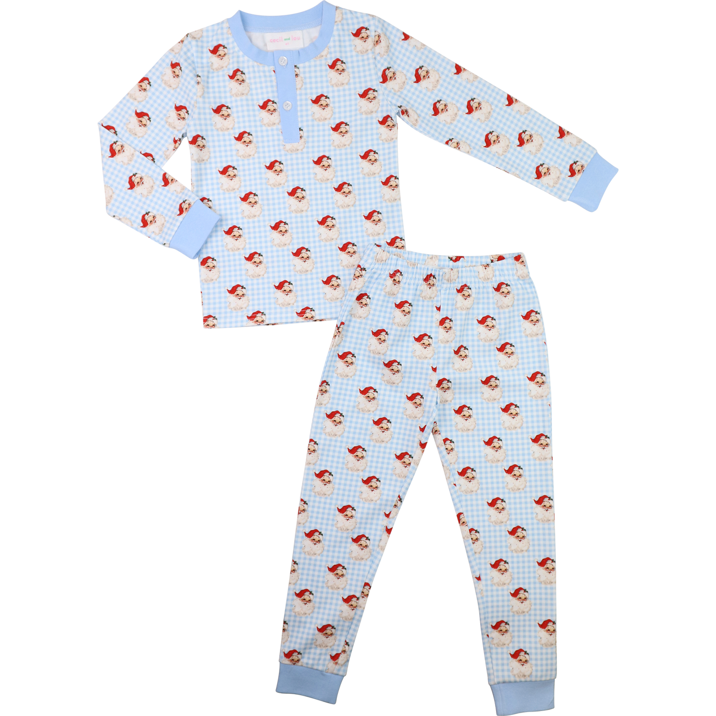 Blue Gingham Knit Santa Pajamas