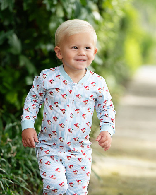 Blue And Red Gingham Knit Santa Zipper Pajamas