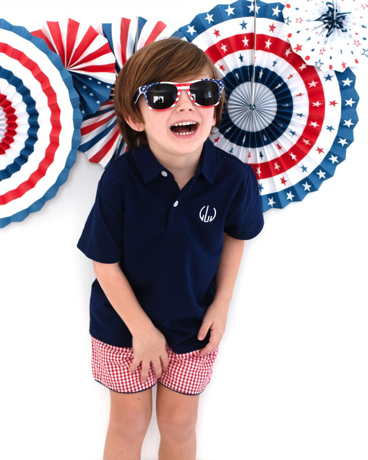 Navy And Red Seersucker Polo Short Set